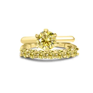 Set de anillos de moissanita amarilla de 1,7 CT en plata S925 bañada en oro con seis garras