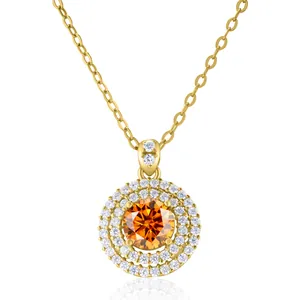 Golden 1-carat round orange moissanite halo pendant necklace with GRA certificate for women