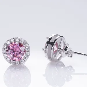 S925 silver jewelry set with round pink moissanite halo earrings and necklace set