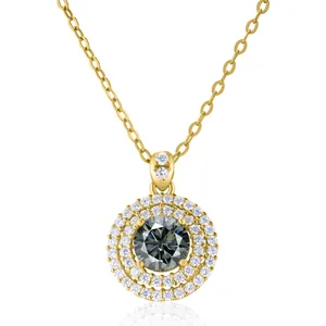 Elegant 1ct gray moissanite pendant necklace in gold-plated silver with double halo design
