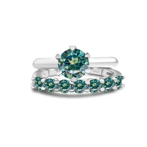 Detail view of S925 sterling silver ring set with 1.7CT teal moissanite and hallmark