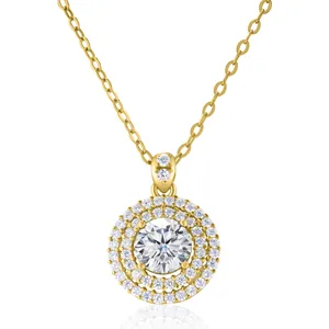 1 carat moissanite double halo necklace in gold sterling silver with round pendant