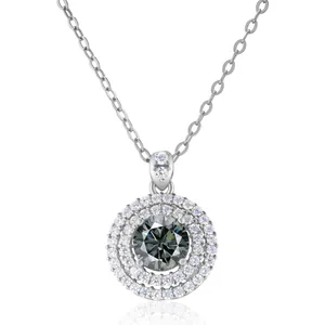 Detailed view of the dark grey moissanite pendant with double halo diamond setting