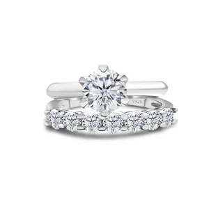Macro detail of S925 sterling silver stamp and 1.7CT round moissanite ring set