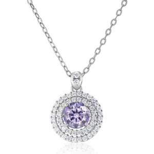 Macro view of round cut purple moissanite pendant with double halo and silver chain