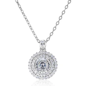 Macro detail of round double halo moissanite pendant on a high-polish silver chain