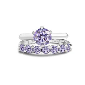1.7CT purple moissanite S925 silver ring set with classic six-prong round stone