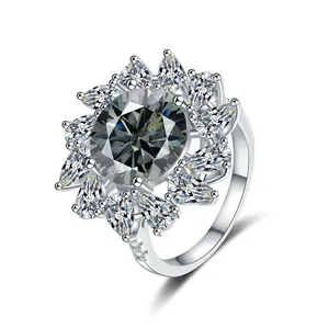 Elegant S925 silver sunflower ring with pear-cut petals and a large center stone