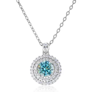 Macro view of blue moissanite round pendant with double halo stones on S925 silver chain