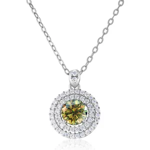 Luxury 925 Sterling Silver Moissanite Pendant Necklace Round Cut Double Halo Zirconia Inlaid Wedding Jewelry For Women