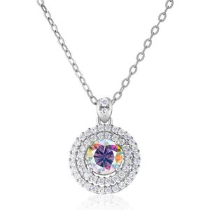 1 carat moissanite halo necklace with rainbow fire stone on classic silver link chain