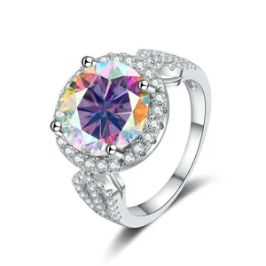 Macro detail of 5 carat round cut moissanite ring with halo setting and pavé silver band
