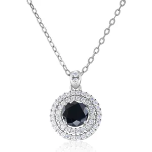 Round 1 carat black moissanite halo necklace in sterling silver with double diamond accent