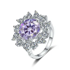 Luxury 5 Carat D Color Moissanite Sunflower Ring 925 Sterling Silver White Gold Plated Pear Cut Halo Engagement Ring For Women