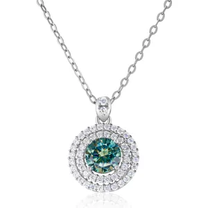 Blue-green moissanite necklace with double halo pendant in 925 sterling silver
