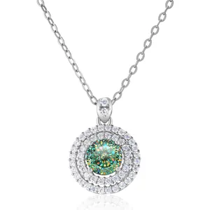 1 carat green moissanite halo necklace in S925 sterling silver with a sunburst pendant