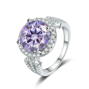 925 silver ring featuring a 5ct round-cut purple center stone with halo zircon setting