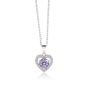 Détail du collier cœur en argent 925 avec une pierre violette ronde et pavé de zircons