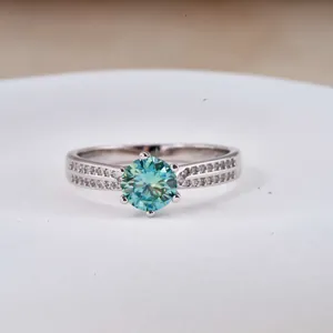 Luxury 925 sterling silver blue moissanite ring with classic six-prong setting and side diamonds