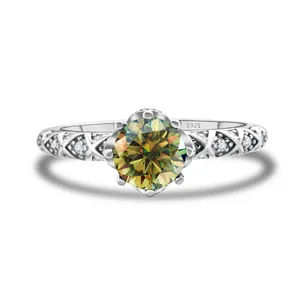 Bague moissanite en argent 925 avec pierre jaune-vert et anneau motif vigne