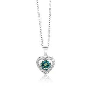Collier en argent S925 avec pendentif en cœur et une moissanite bleu-vert ronde au centre