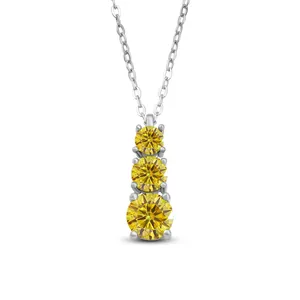Three-stone S925 silver necklace with sparkling round yellow moissanite pendant drops