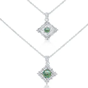 S925 silver necklace with square geometric pendant featuring a bicolor moissanite gem