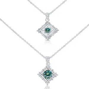 Elegant S925 sterling silver square pendant necklace with teal blue moissanite and zircon