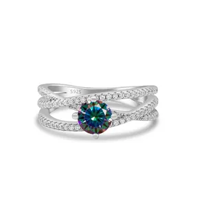 S925 sterling silver multilayer crisscross ring with colorful moissanite stone