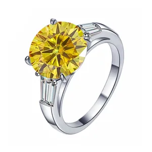 Elegant S925 sterling silver ring with a 5-carat round yellow stone and side baguettes