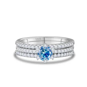 Juego de 3 anillos de plata 925 con moissanita azul y detalles de pavé fino