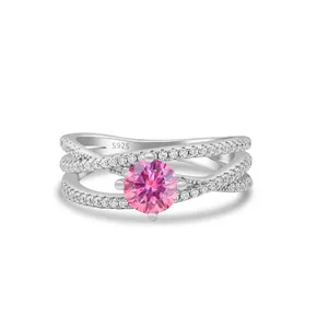 Elegant 925 sterling silver ring with pink moissanite and triple layer sparkling bands