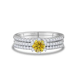 Set de 3 anillos de plata S925 con moissanita amarilla y bandas de pavé de diamantes