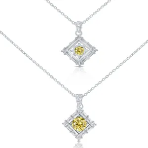 Detail of S925 silver necklace with yellow moissanite in square frame setting