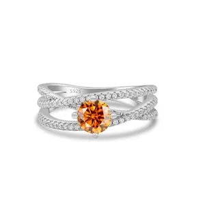 Luxurious S925 silver ring with orange moissanite and triple-layer diamond-set bands