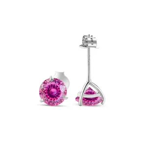 Boucles d'oreilles classiques en argent 925 avec zircons roses ronds à trois griffes