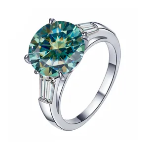 Elegant S925 sterling silver ring with 5ct round teal moissanite and baguette side stones