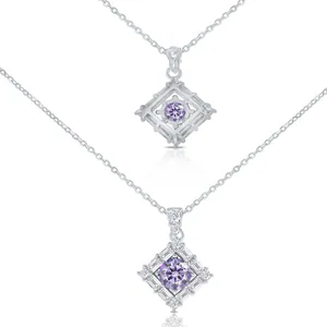 Macro detail of geometric S925 sterling silver pendant with round purple moissanite stone