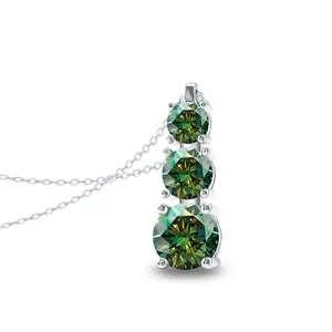 Three-stone vertical s925 silver pendant necklace with round green moissanite stones