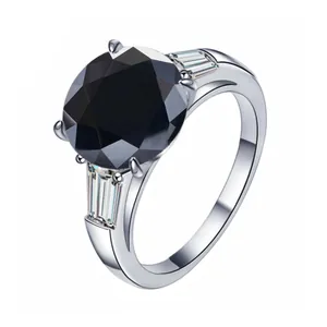 Elegant S925 silver ring with 5-carat round black moissanite and baguette side stones