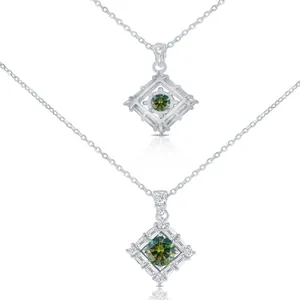 Square S925 silver necklace with a green moissanite pendant on a white background