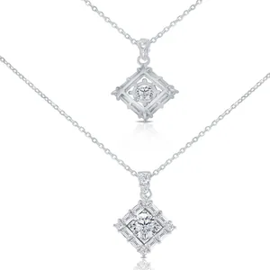 S925 sterling silver geometric pendant necklace with square diamond frame and main stone