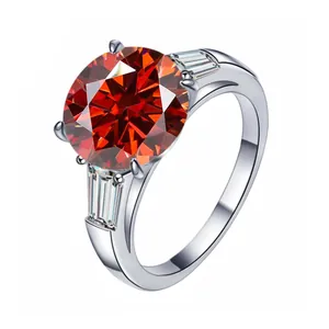 Macro detail of 5-carat round red gemstone ring with trapezoid side stones in S925 silver