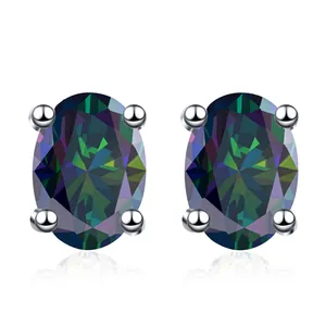 Pendientes de moissanita ovalada colorida en plata de ley S925 con engaste de cuatro garras