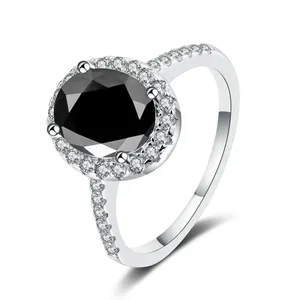 Elegant 925 sterling silver halo ring with large oval black stone and moissanite accents