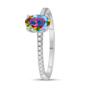 Macro shot of S925 hallmark on silver band with oval rainbow gemstone and side pavé stones
