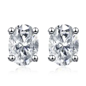 Pendientes de Botón Ovalados de Moissanita de Plata de Ley 925 Engaste Cuatro Garras Joyería Elegante Para Mujer