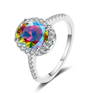 Halo style 925 sterling silver ring with colorful moissanite stone and side diamonds