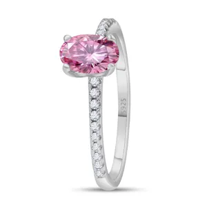 Elegant S925 sterling silver ring with oval pink moissanite stone in a 45-degree side view
