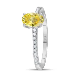 Oval yellow moissanite S925 sterling silver ring with pavé-set accents for women